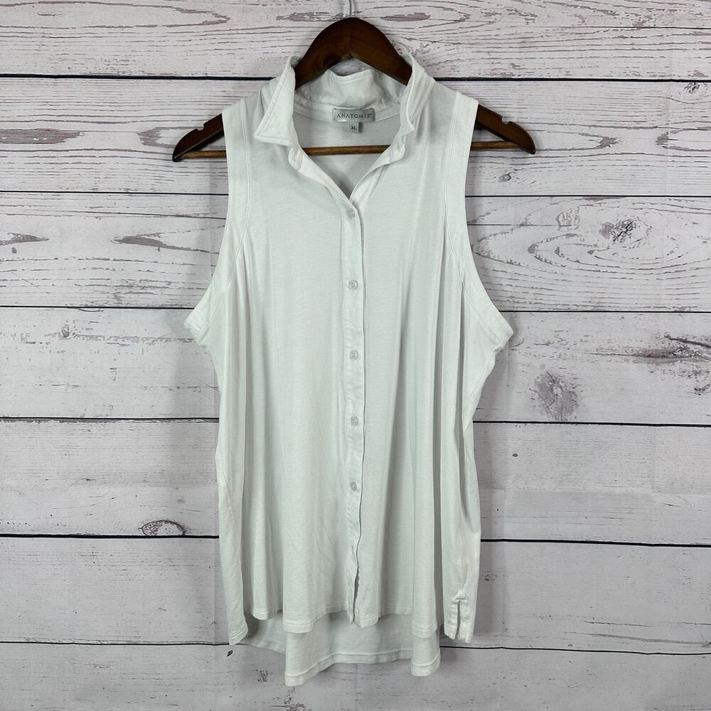 Anatomie Shirt Womens XL White Sleeveless Button Knit Stretch Pima Minimalist‎